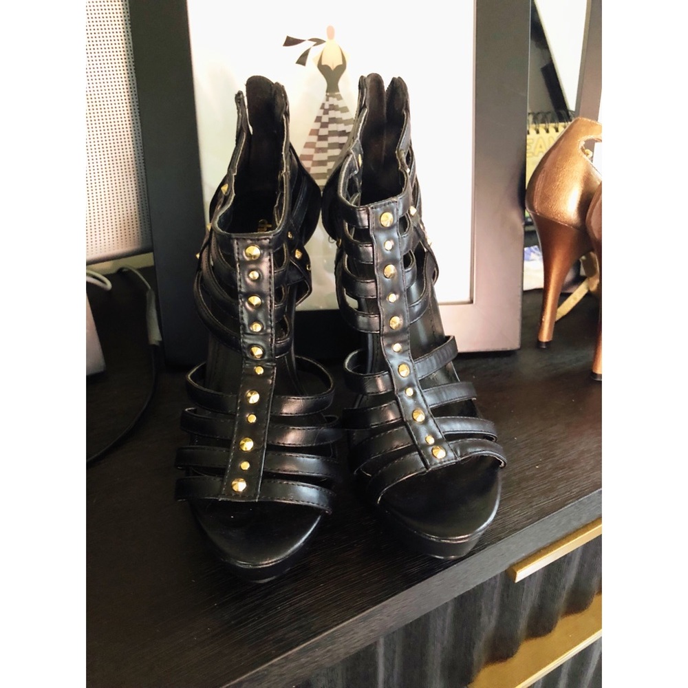 Gold Studded Black Faux Leather Heels